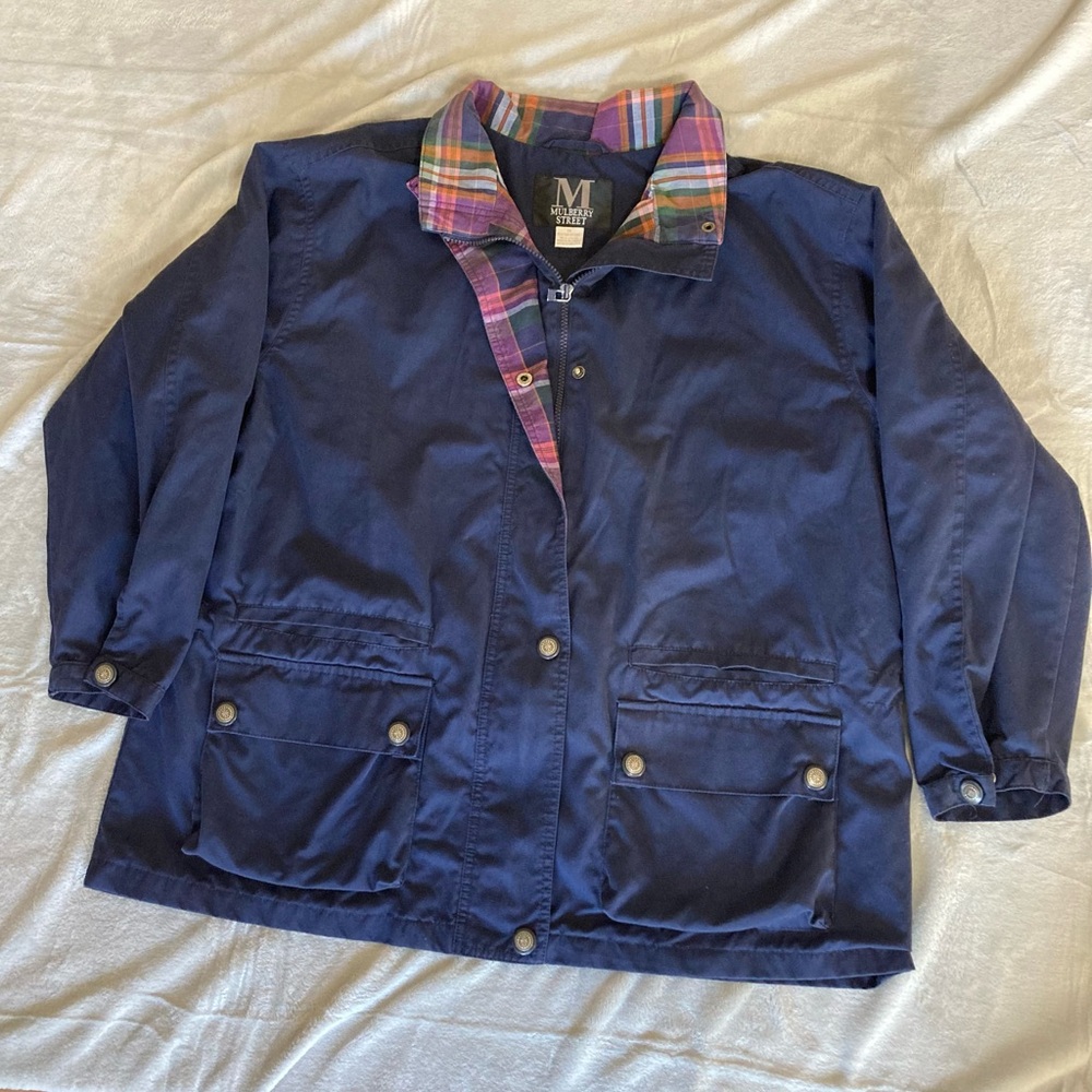 Vintage 90s Mulberry Street barn jacket plaid lined navy cotton field 1X women